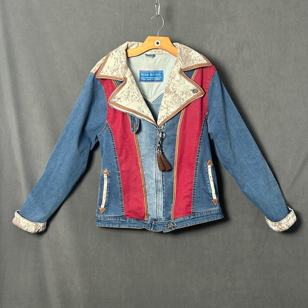 Vintage Bob Berg Denim Western Moto Jacket Tooled Leather Trim Red Panels Small